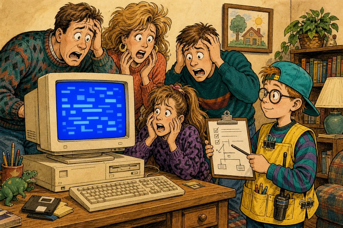 The computer replaced everything with blue text and made the youngest person in the house the incident commander.