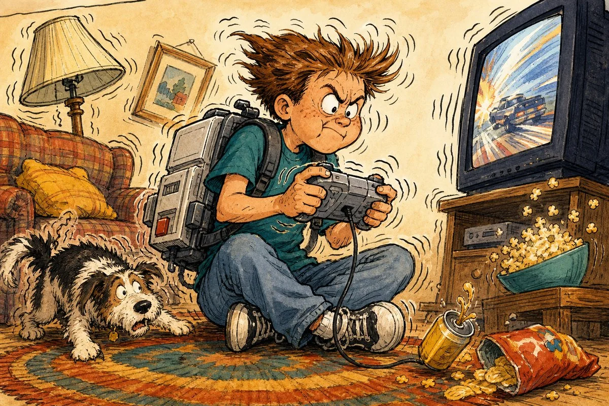 The controller grew a battery-powered backpack so the game could physically disagree with you.