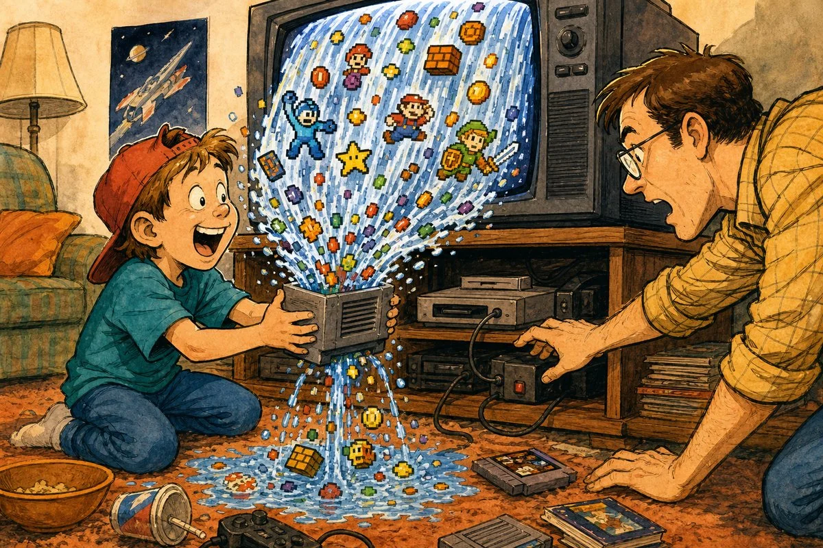 Games came through the cable line, lived in an adapter, and vanished when the power did.