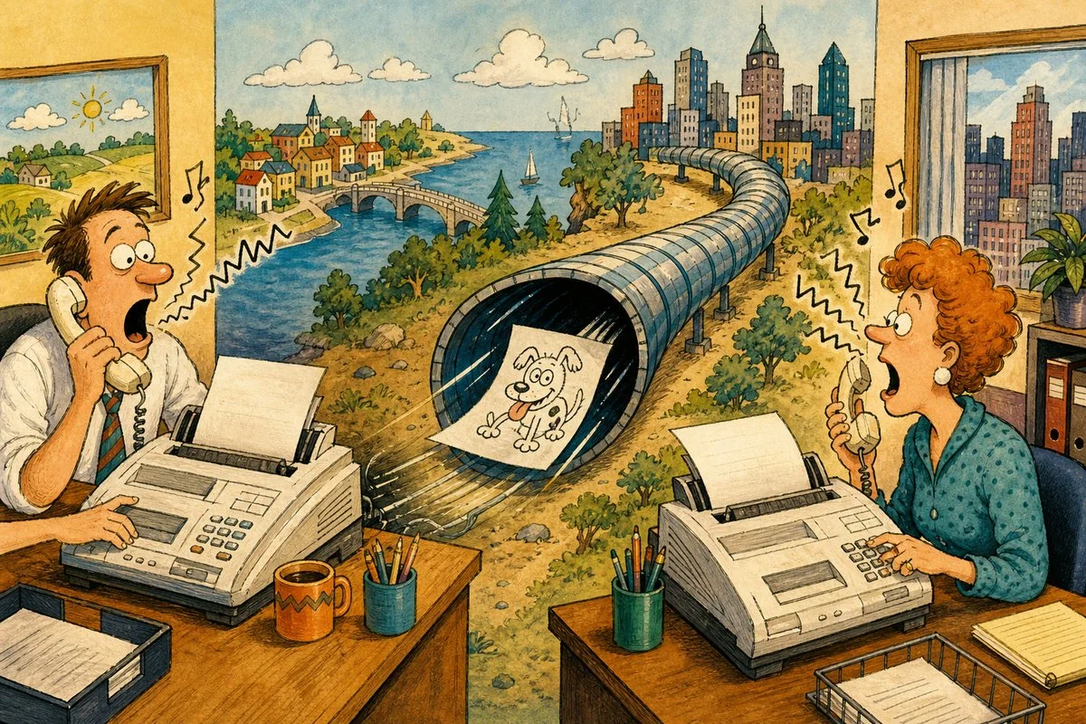 One office machine screamed into the phone and another slowly grew a warm paper copy.