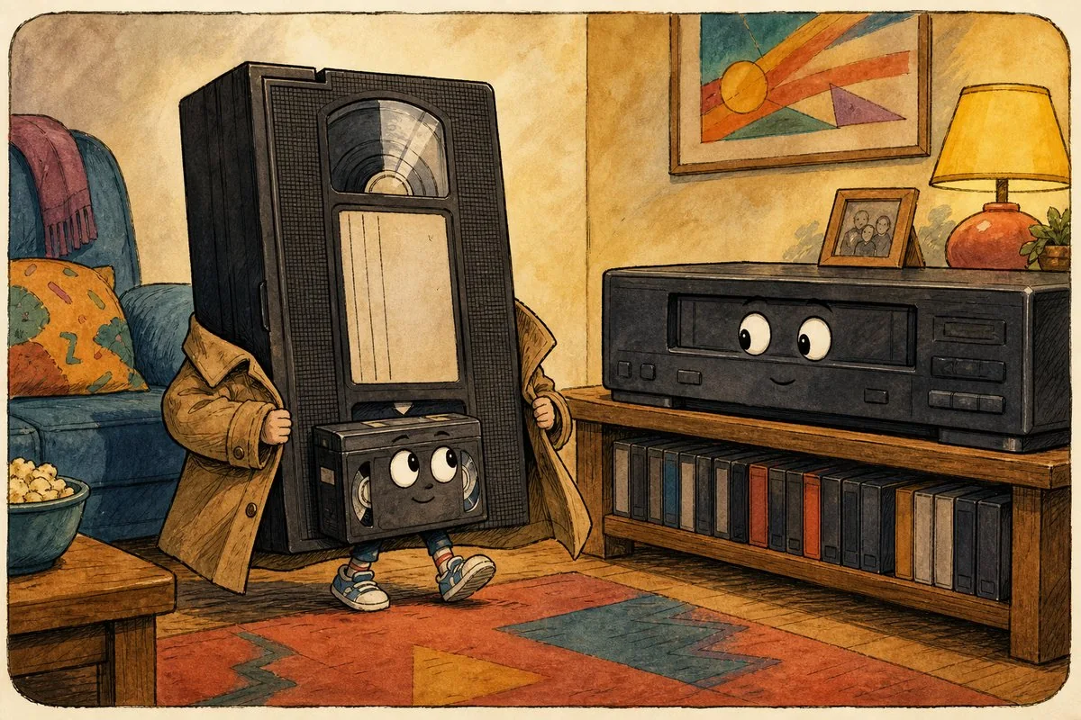A tiny camcorder tape climbed into a full-size cassette costume so the VCR would recognize it.