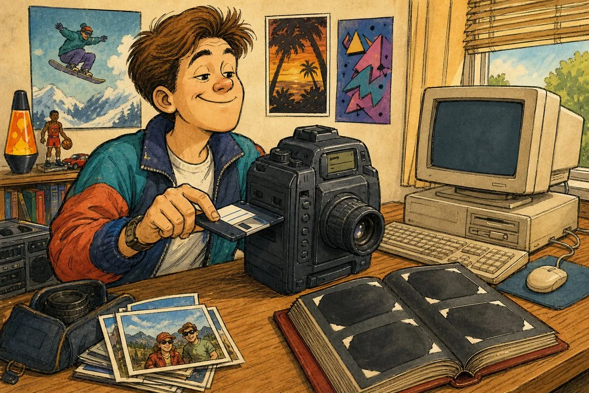 A digital camera saved photographs onto the same square disks as homework.