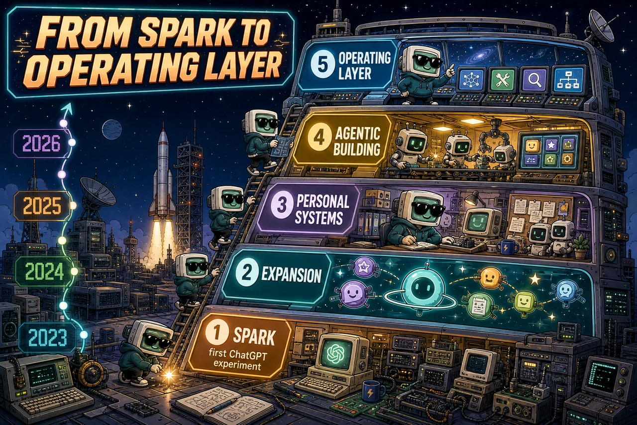 A five-story retro-future machine shows an AI workflow growing into an operating layer.