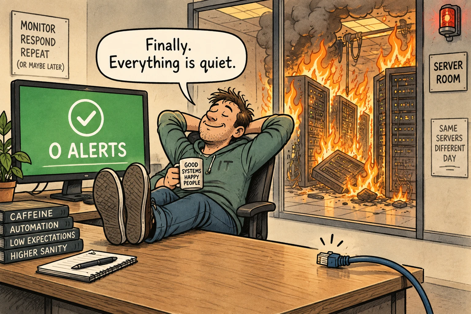 A calm monitoring dashboard reports quiet while a server room burns behind it.