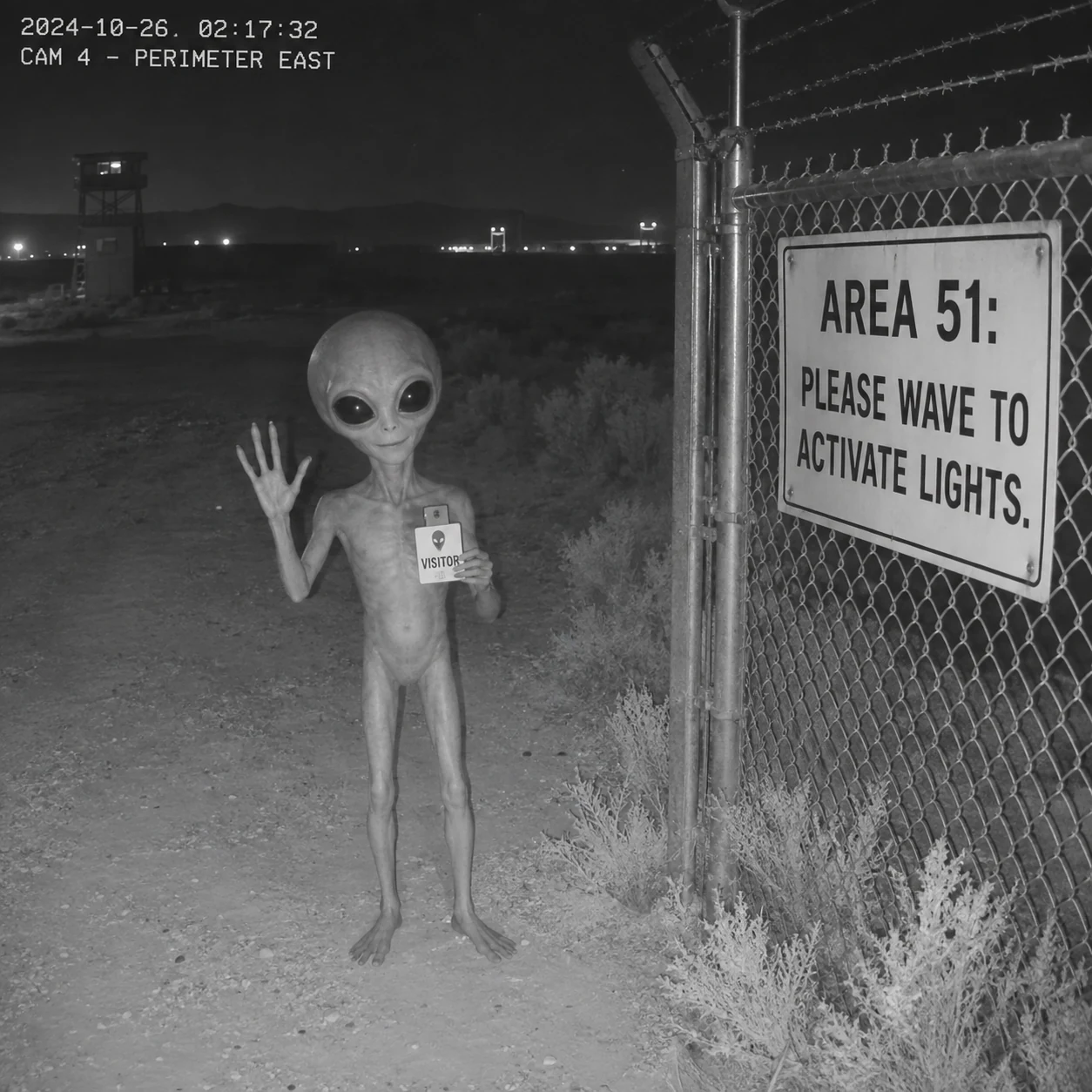 An alien waves dramatically beneath a motion sensor to turn on the lights.