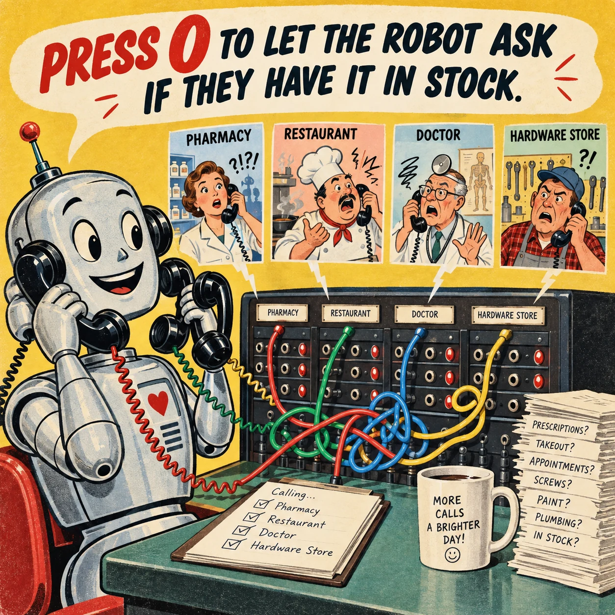 A robot caller waits while a restaurant checks whether an item is in stock.