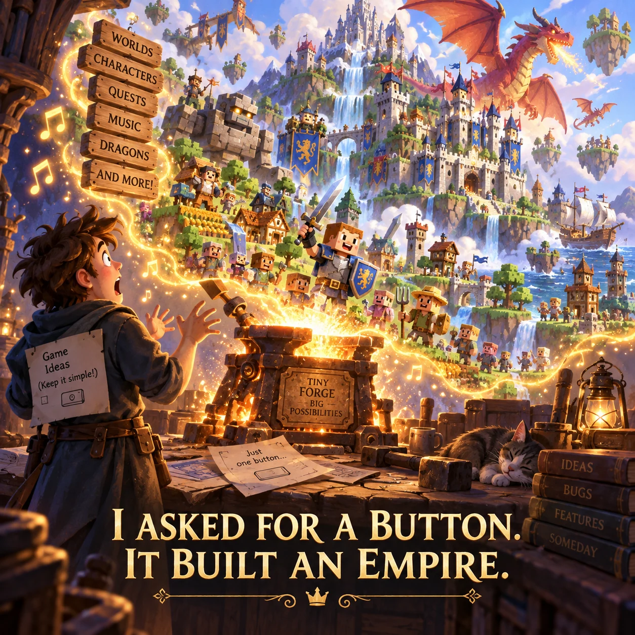 A ForgeGUI interface expands into an enormous comic empire of buttons.