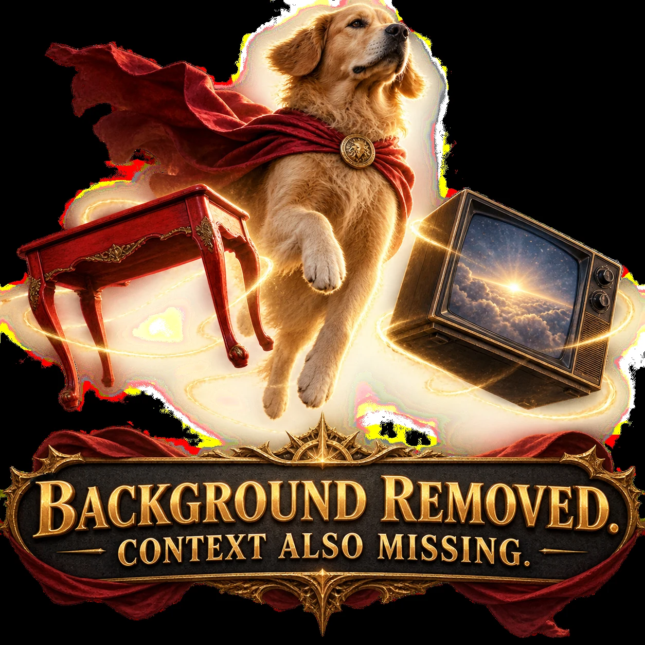 A dog, table, and television remain after the background context disappears.