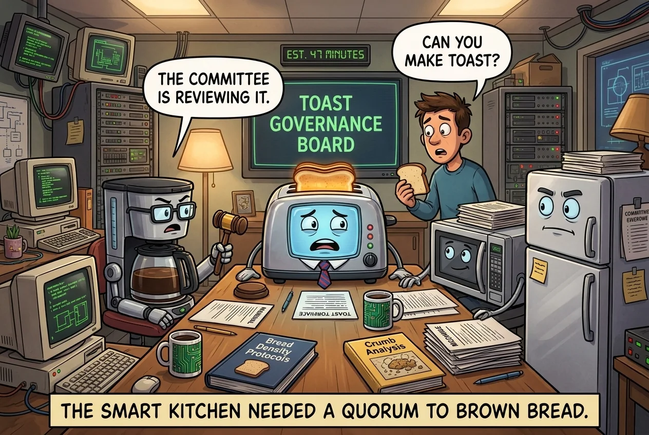 Cartoon titled Future Appliance: A futuristic appliance holds a tense committee meeting with other appliances before performing a trivial action.