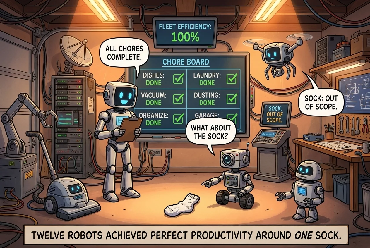 Cartoon titled Robot Chore Board: A fleet of household robots maintains an elaborate chore board while one sock remains on the floor.