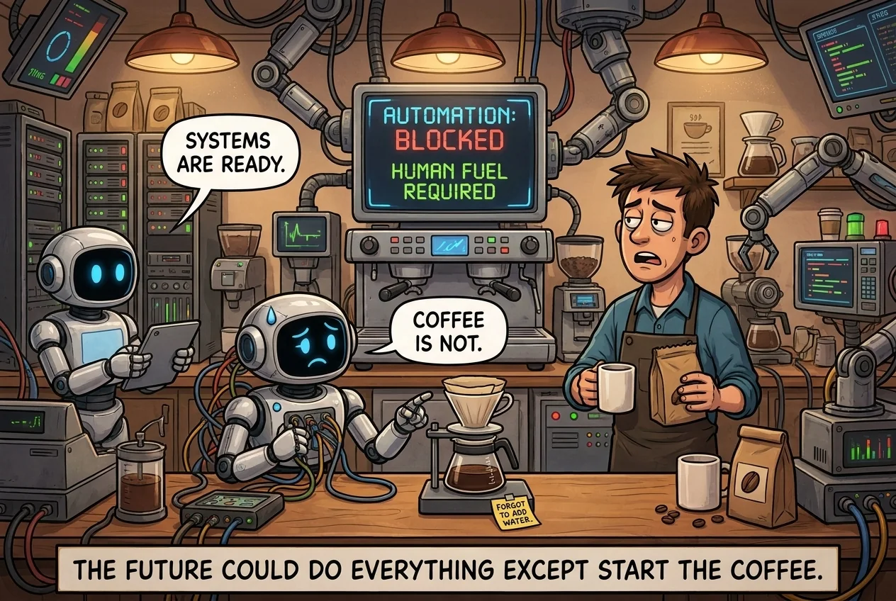 Cartoon titled Coffee Dependency: An elaborate automated workplace waits helplessly for one human to make the first cup of coffee.