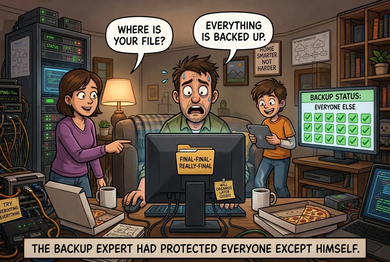 Cartoon titled Backup Paradox: The person protecting everyone else's data discovers their own crucial file is named FINAL-final-really-final on the desktop.