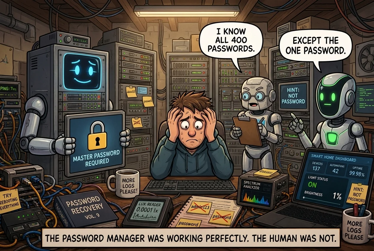 Cartoon titled Password Manager — Remade: A password manager guards hundreds of perfect passwords but the human cannot remember the one password guarding it.