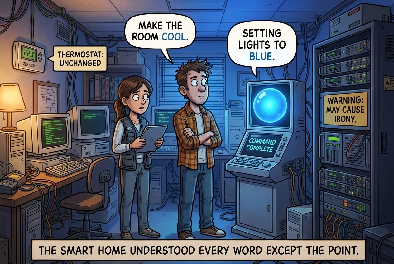 Cartoon titled Smart Home Literal — Remade: A smart home obeys a technically correct command in the most useless possible way while its owner stares at it.