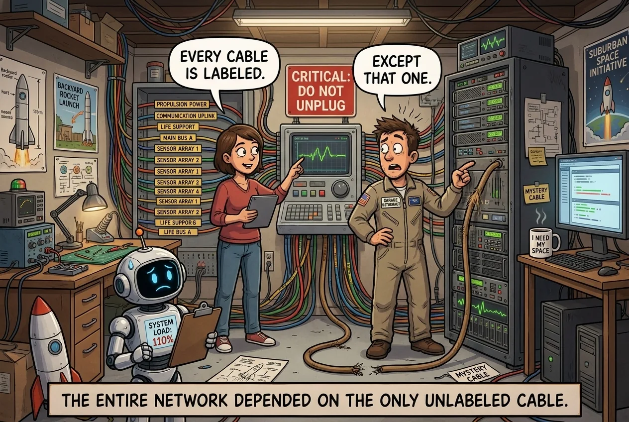 Cartoon titled Cable Label: Every cable is beautifully labeled except the one cable currently holding the entire operation together.