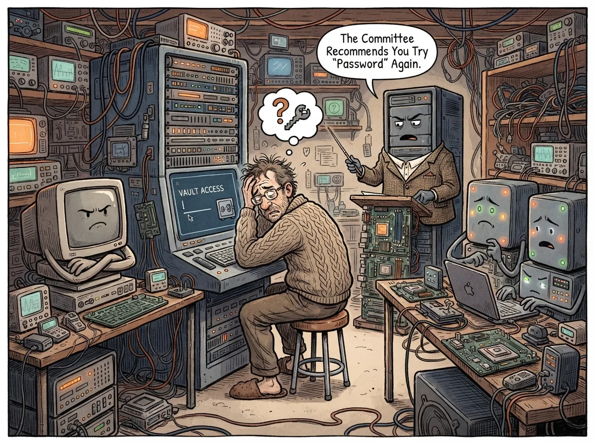 Cartoon titled Password Manager: A password manager guards hundreds of perfect passwords but the human cannot remember the one password guarding it.