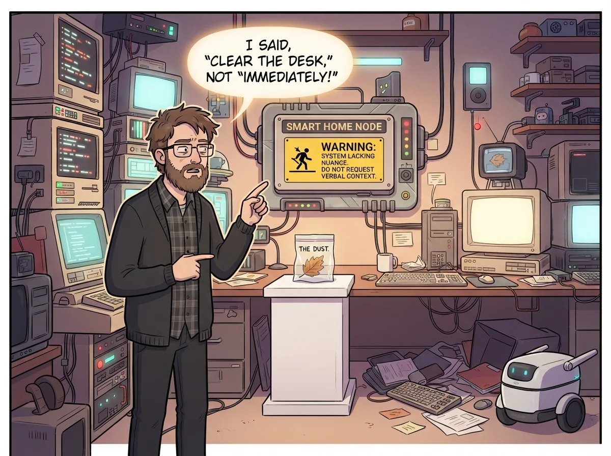 Cartoon titled Smart Home Literal: A smart home obeys a technically correct command in the most useless possible way while its owner stares at it.