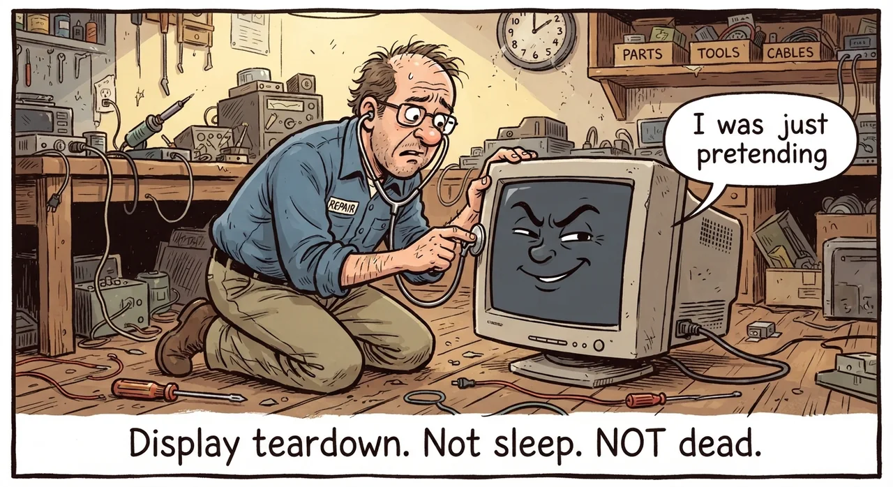 Cartoon titled Fake Dead Pc: Display teardown. Not sleep. NOT dead.