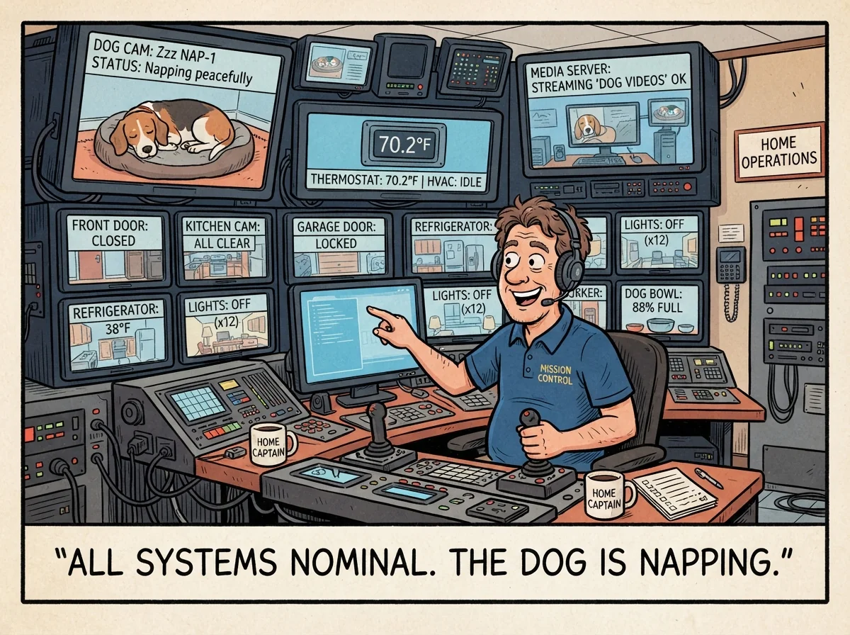 Cartoon titled Mission Control House: All systems nominal. The dog is napping.