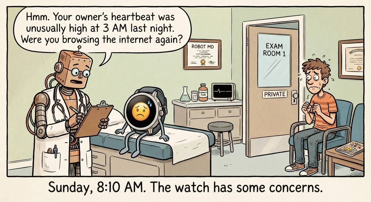 Cartoon titled Watch Concerns: Sunday, 8:10 AM. The watch has some concerns.