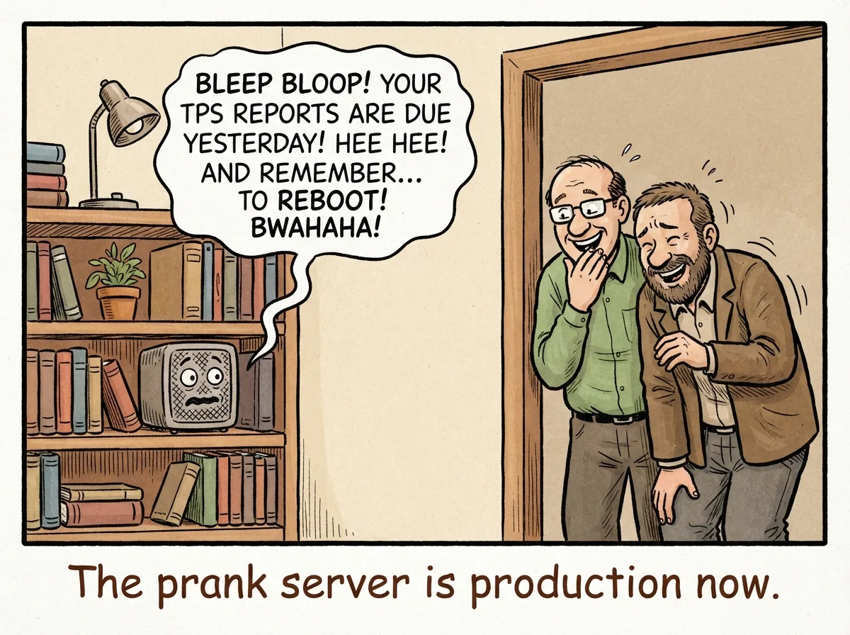 Cartoon titled Prank Shelf: The prank server is production now.