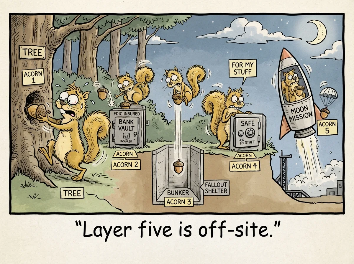 Cartoon titled Five Layer Squirrel: Layer five is off-site.