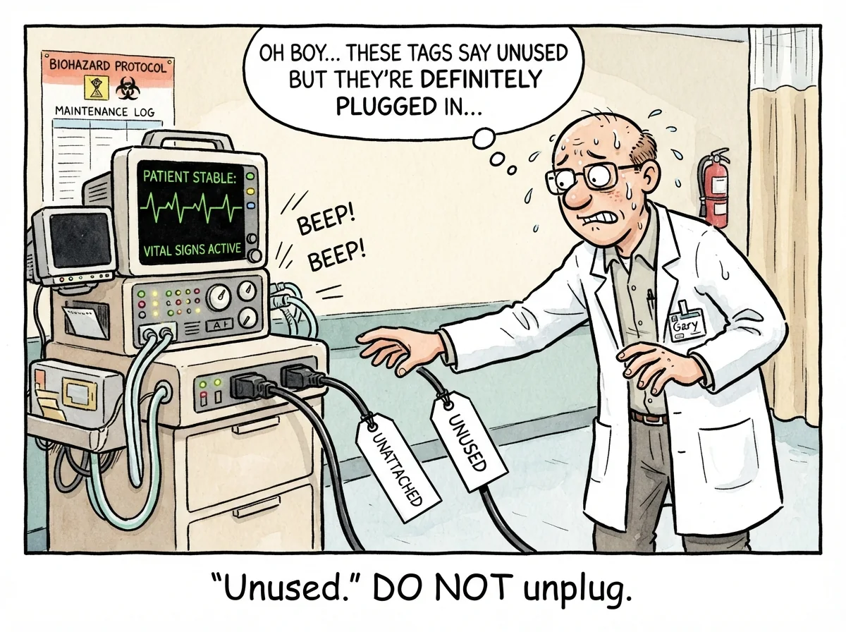 Cartoon titled Unattached Ips: 'Unused.' DO NOT unplug.