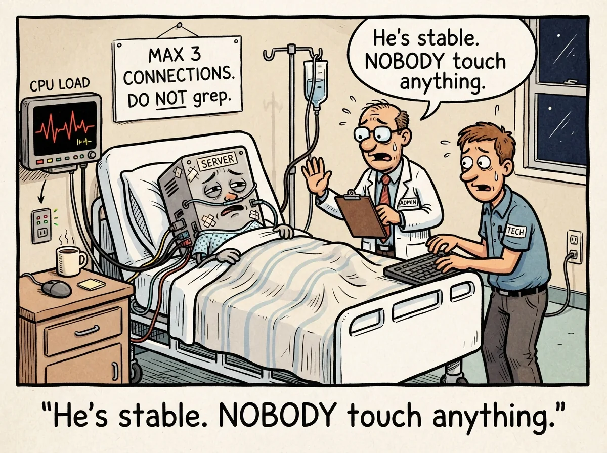 Cartoon titled Nvr Hospital: He's stable. NOBODY touch anything.