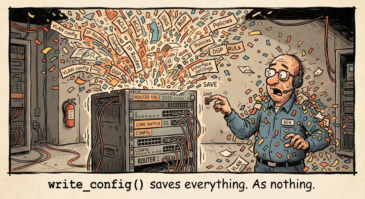 Cartoon titled Pfsense Wipe: write_config() saves everything. As nothing.