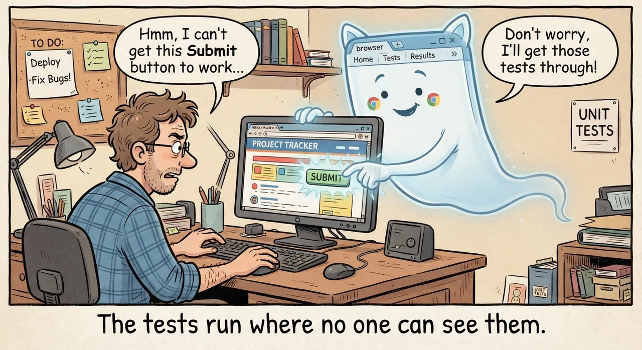 Cartoon titled Headless Browser: The tests run where no one can see them.