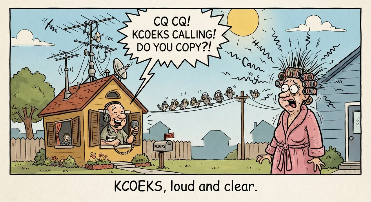Cartoon titled Ham Radio: KC0EKS, loud and clear.