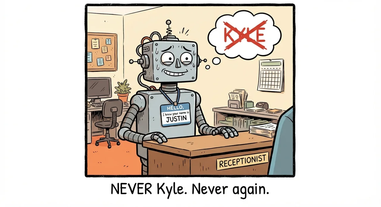 Cartoon titled Never Kyle: NEVER Kyle. Never again.