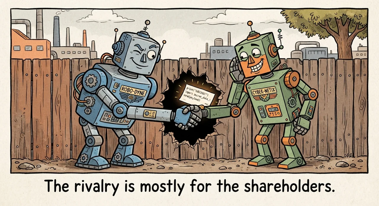 Cartoon titled Claude Codex Bridge: The rivalry is mostly for the shareholders.