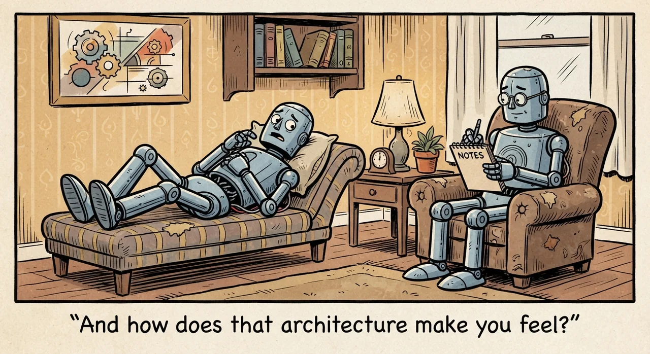 Cartoon titled Advisor Couch: And how does that architecture make you feel?