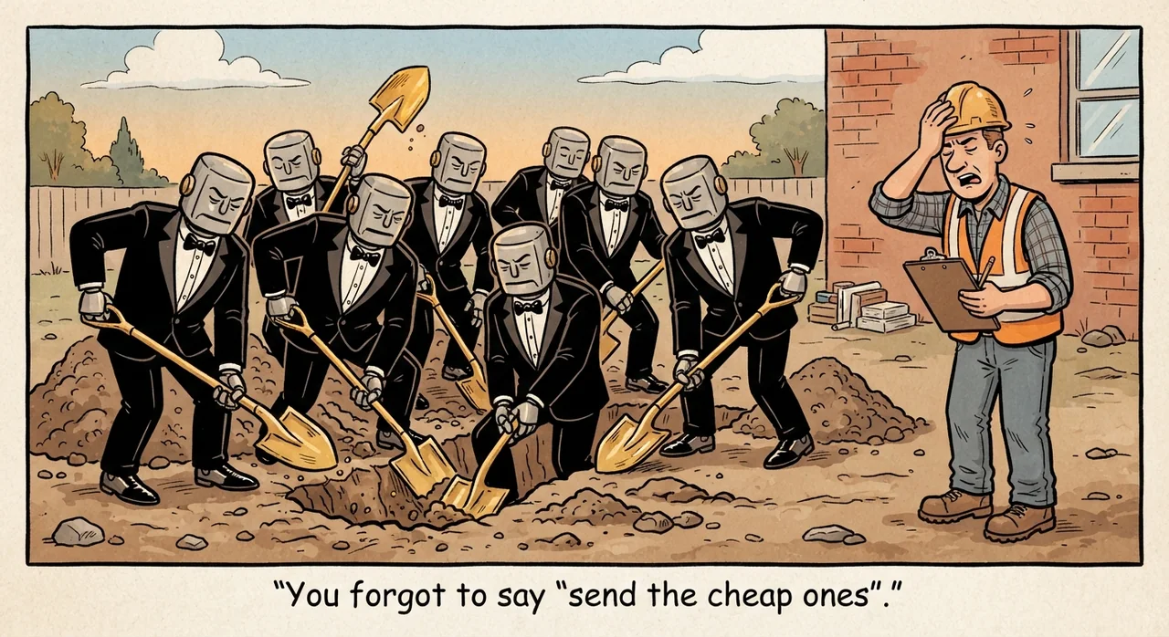 Cartoon titled Forgot Model Param: You forgot to say 'send the cheap ones'.