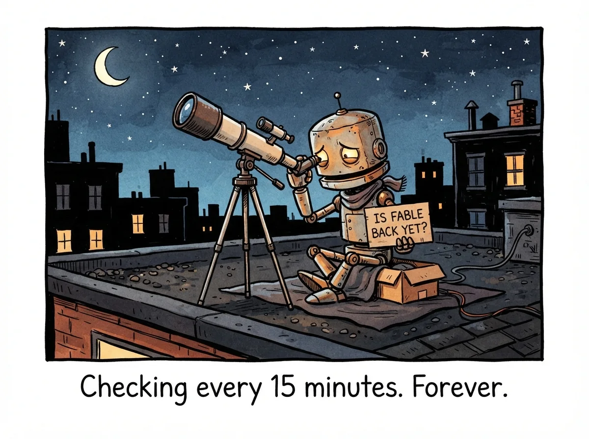 Cartoon titled Fable Watcher: Checking every 15 minutes. Forever.