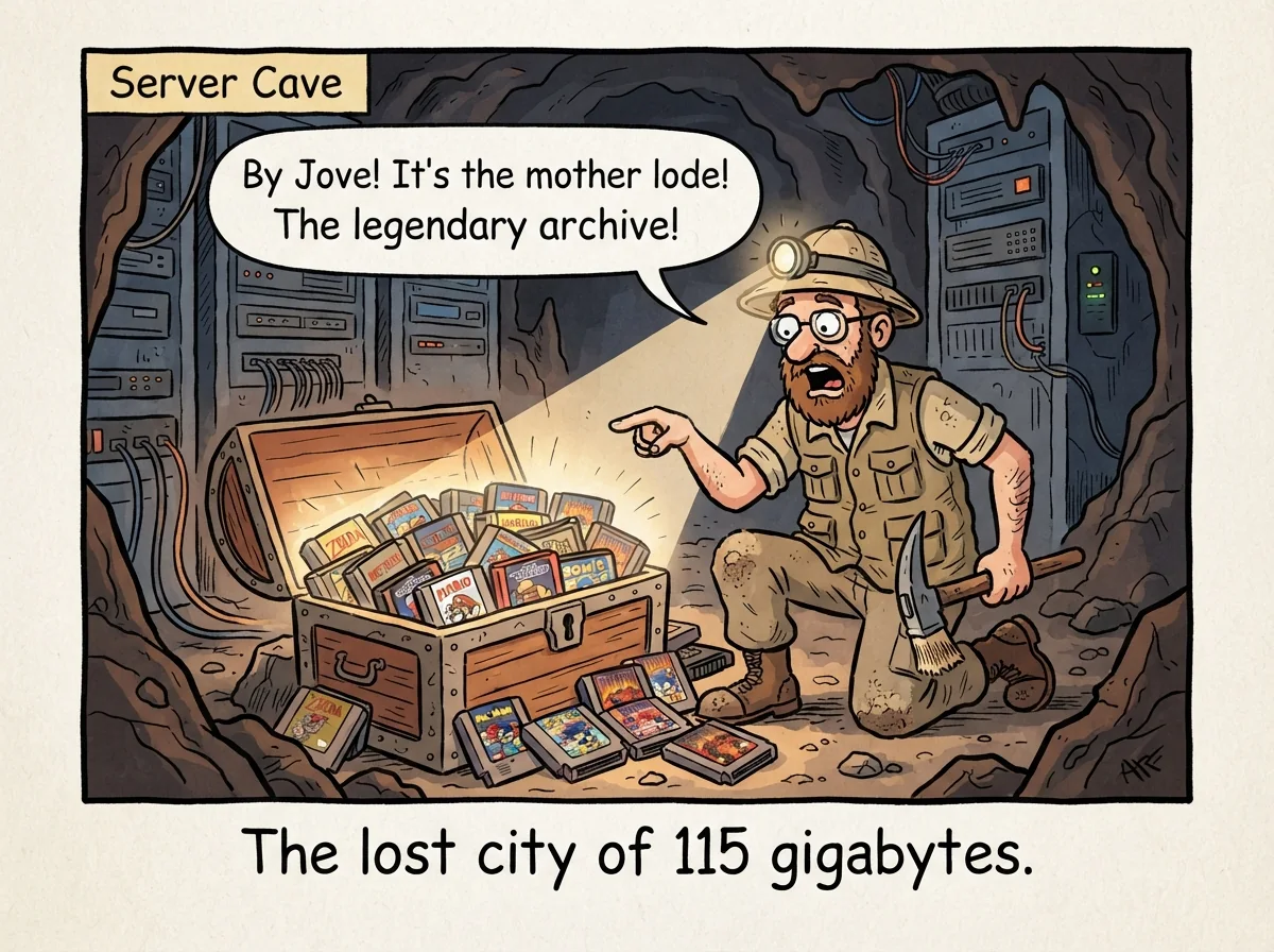 Cartoon titled Rom Treasure: The lost city of 115 gigabytes.