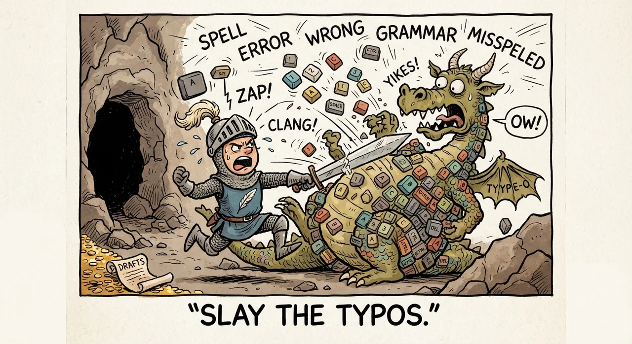 Cartoon titled Key Slayer: SLAY THE TYPOS.