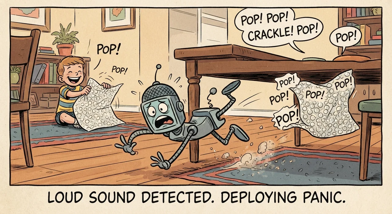 Cartoon titled Gunshot Detector: LOUD SOUND DETECTED. DEPLOYING PANIC.