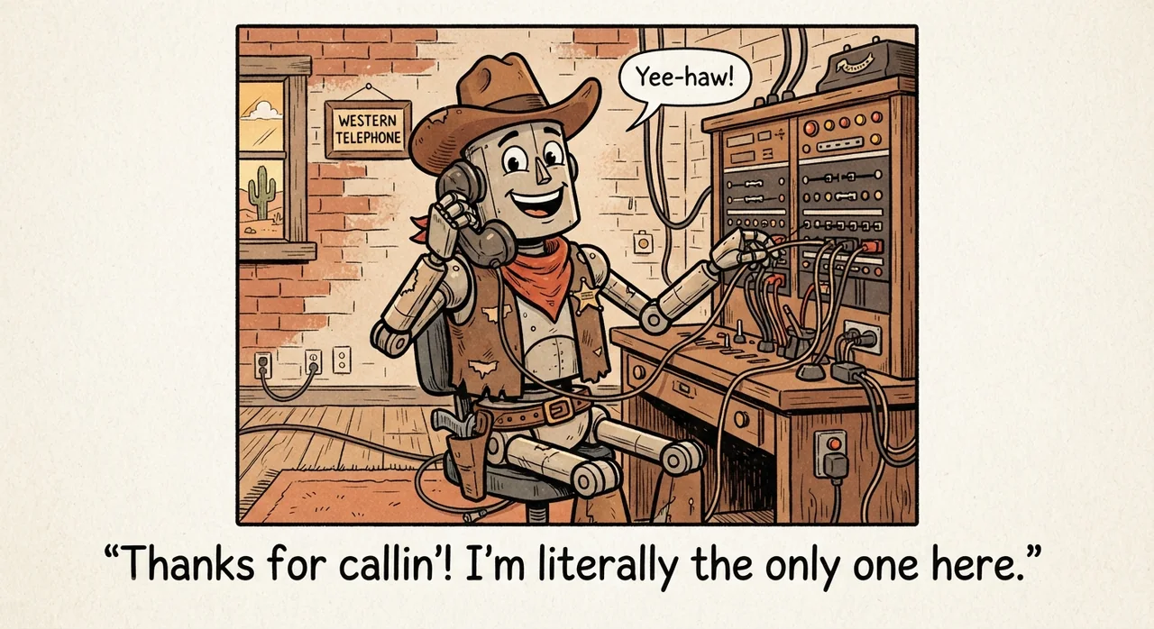 Cartoon titled Pueblo Pete: Thanks for callin'! I'm literally the only one here.