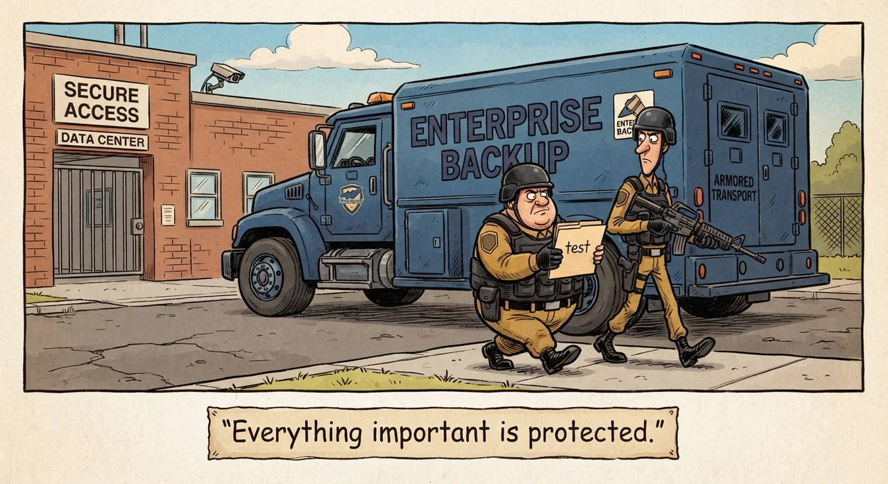 Cartoon titled Kopia Test Folder: Everything important is protected.