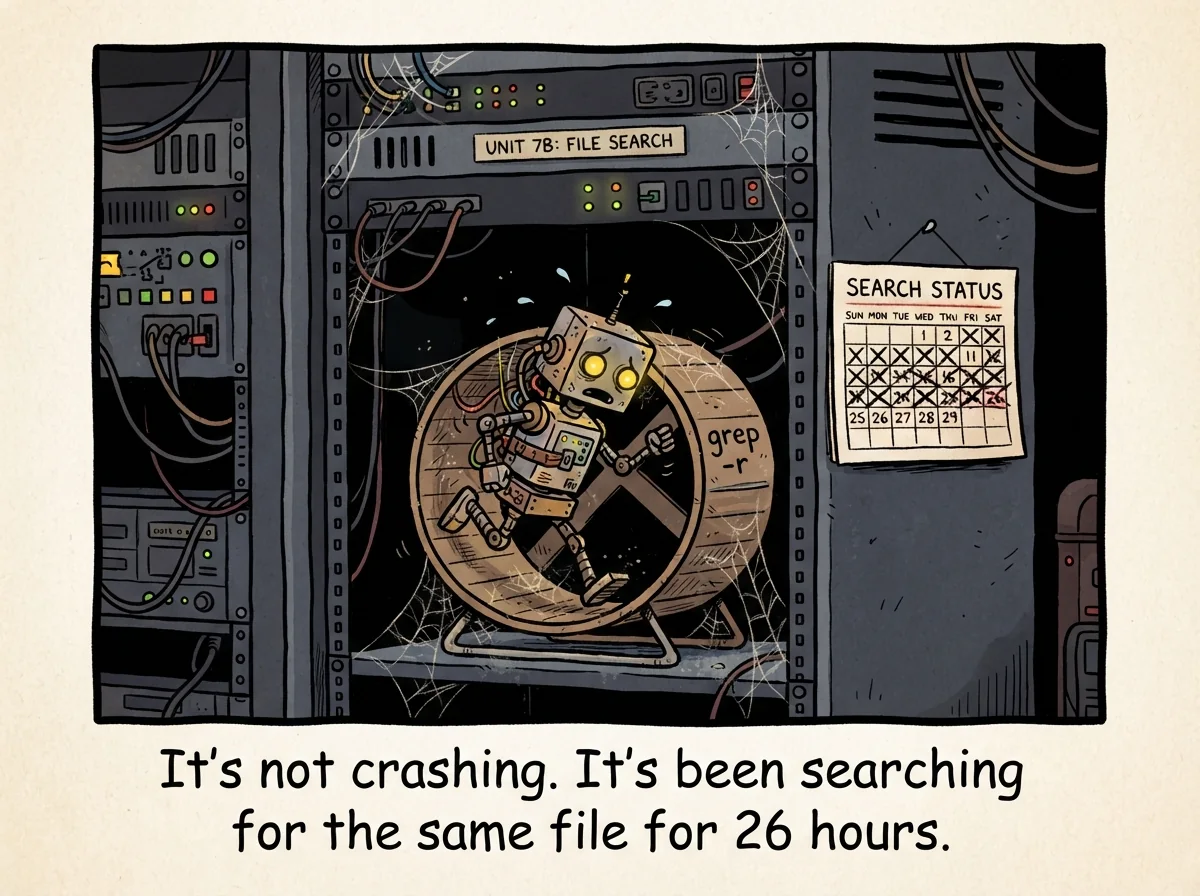Cartoon titled Runaway Grep: It's not crashing. It's been searching for the same file for 26 hours.