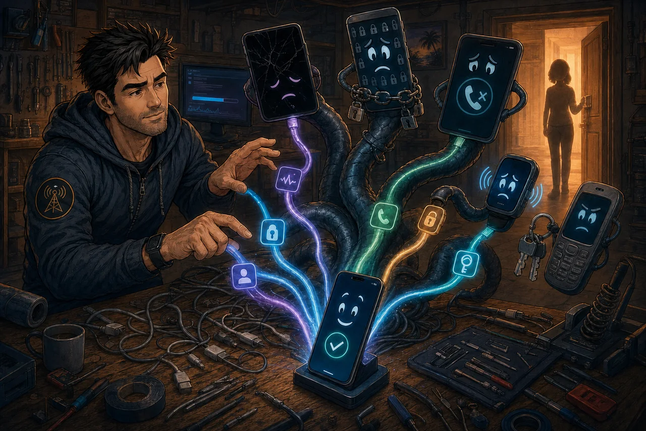 A many-headed phone hydra confronts a symbolic sysadmin.