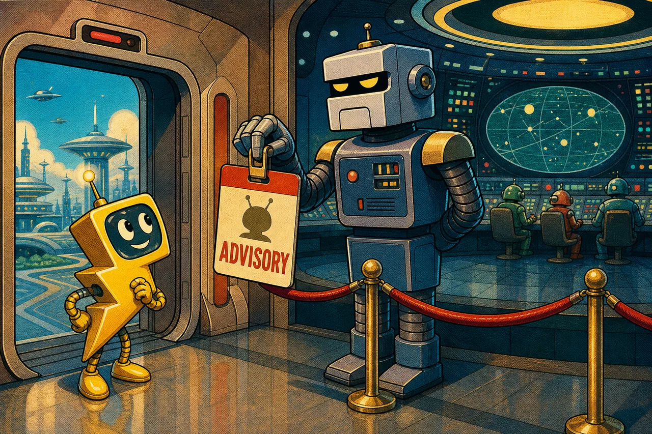 A small lightning-bolt robot receives an advisory visitor badge outside a roped-off server control room.