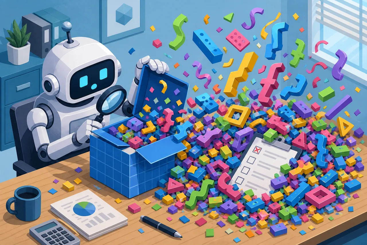 An auditor robot opens a JSON parcel that erupts into ribbons, braces, wrappers, and extra fields.