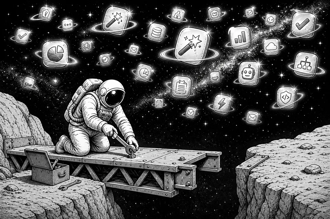 An astronaut tightens the last bolt on a broken bridge while shiny app planets sparkle overhead.