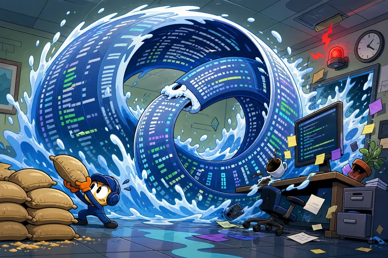 A terminal operator stacks sandbags against a curling tidal wave of recursive search output.