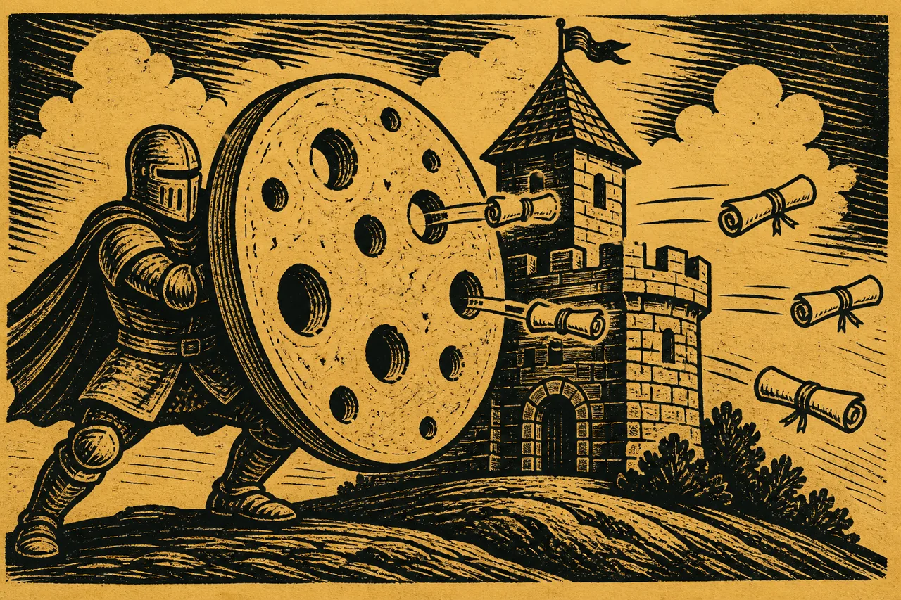 A knight guards a website castle with a Swiss-cheese shield as application records slip through the holes.