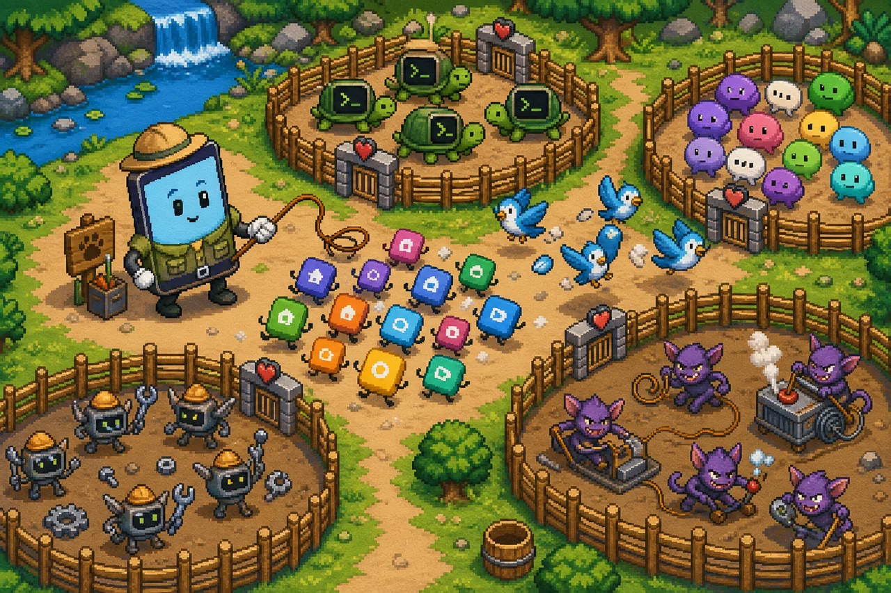 A phone-shaped zookeeper herds terminal turtles, sync birds, app sprites, and automation gremlins into pens.