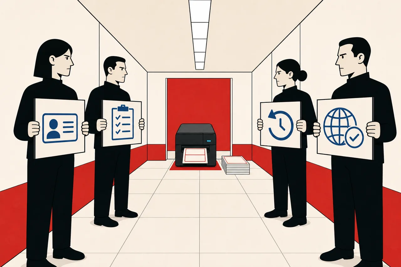 A label printer waits beyond four gatekeepers holding identity, testing, rollback, and verification symbols.